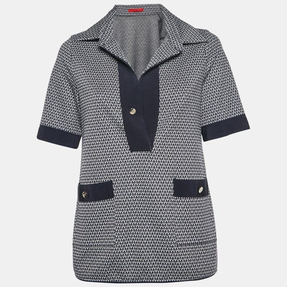 Ch Carolina Herrera Navy Blue Patterned Stretch Knit Top S